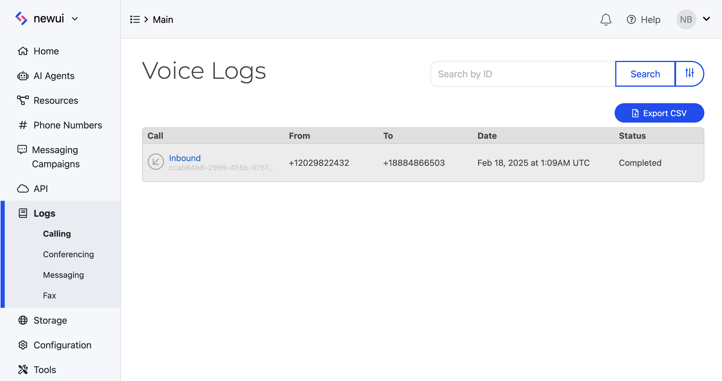 The Logs page showing a list of logs in table format, displaying the From, To, Date, and Status. There is a blue button labeled 'Export CSV'.